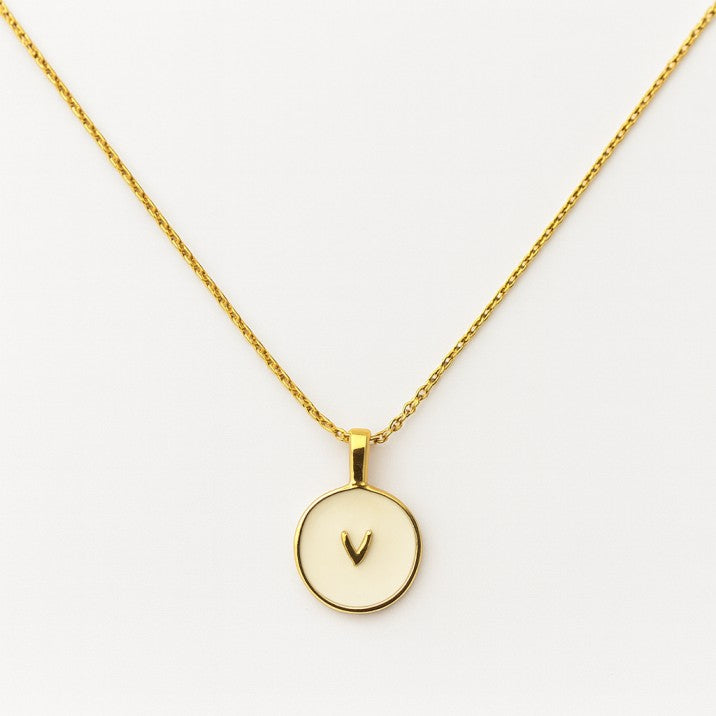 Elegant “V” Initial Round Pendant Necklace with Golden Chain
