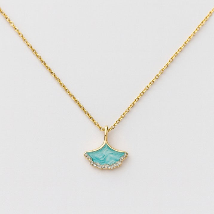 Elegant Aqua Fan-Shaped Pendant Necklace with Golden Chain