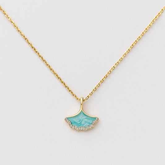 Elegant Aqua Fan-Shaped Pendant Necklace with Golden Chain
