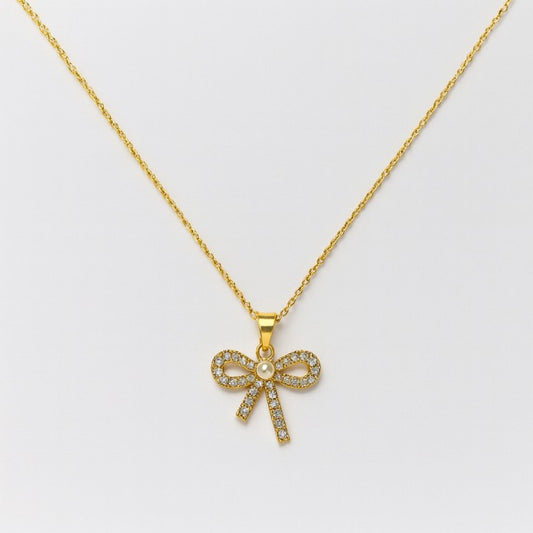 Elegant Bow Knot Gold Pendant Necklace with Sparkling Stones