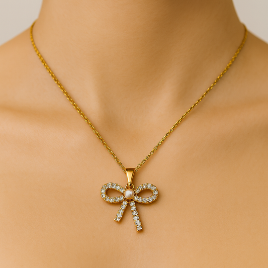 Elegant Bow Knot Gold Pendant Necklace with Sparkling Stones
