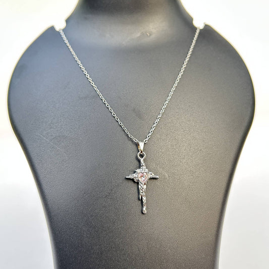 Silver Cross Pendant Necklace with Pink Heart Stone