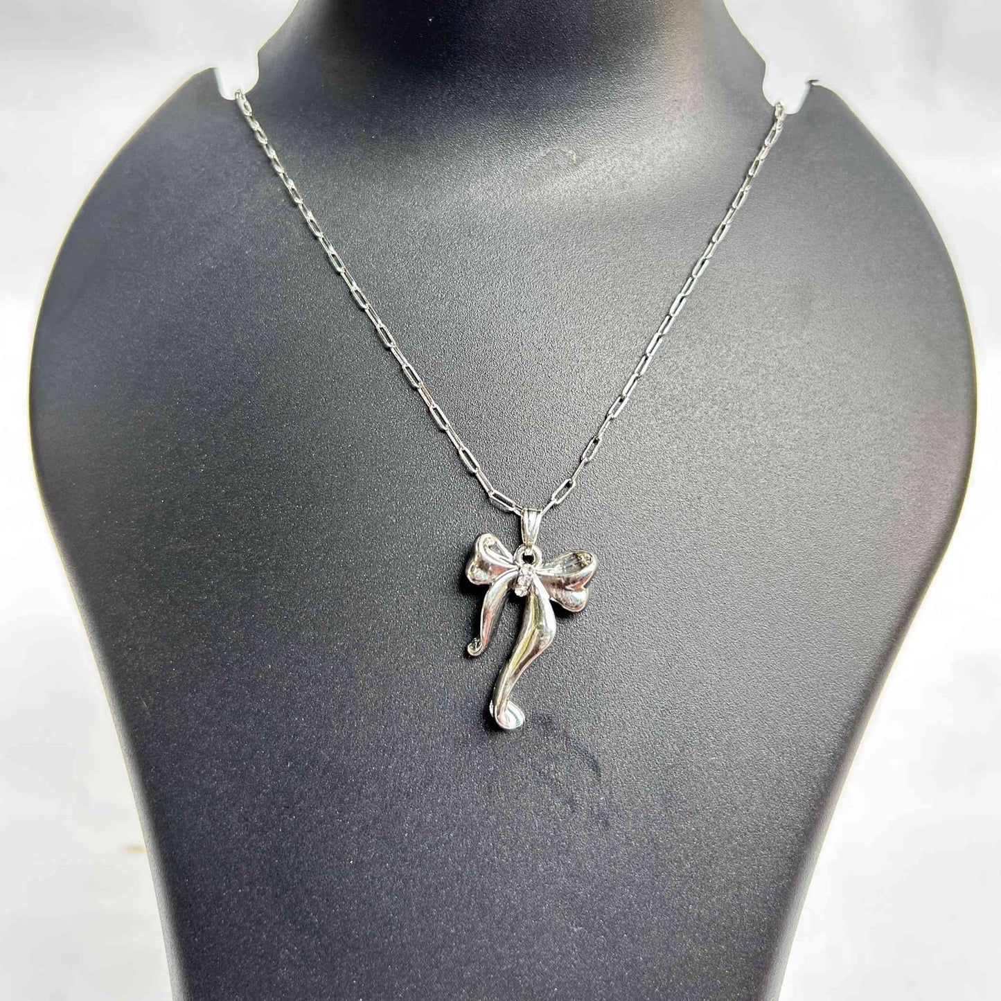 Handmade Silver Ribbon Bow Pendant Necklace