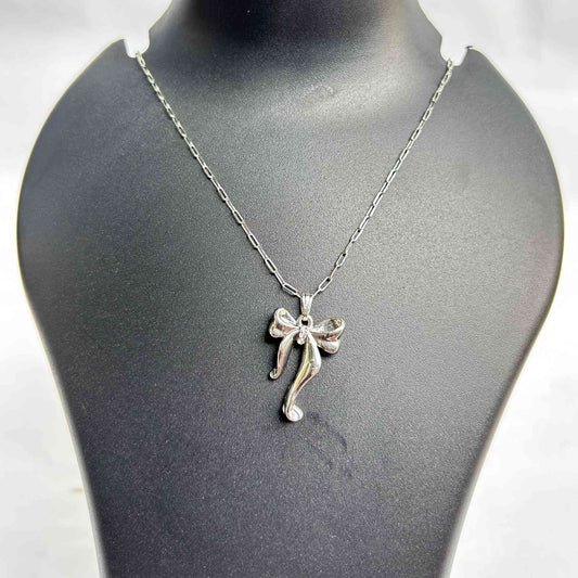 Handmade Silver Ribbon Bow Pendant Necklace