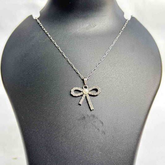 Silver Pavé Bow Pearl Pendant Necklace