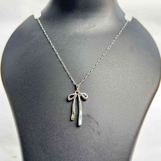 Silver Long Ribbon Bow Pendant Necklace
