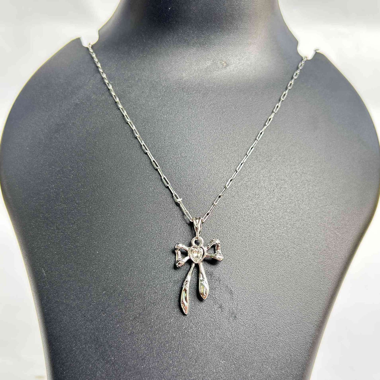 Silver Heart Bow Drop Pendant Necklace