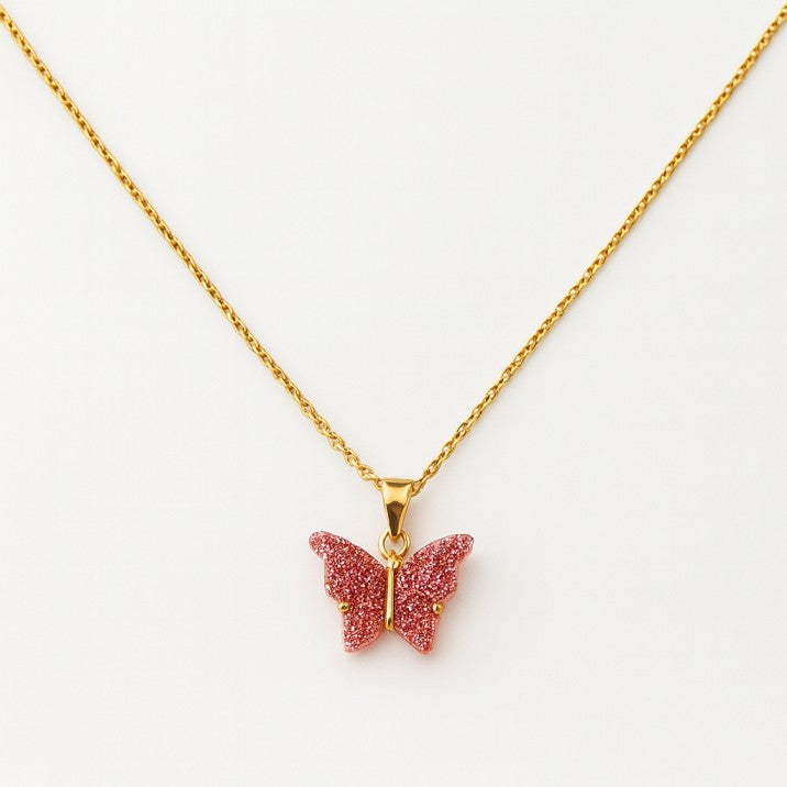 Elegant Pink Butterfly Pendant Necklace with Golden Chain