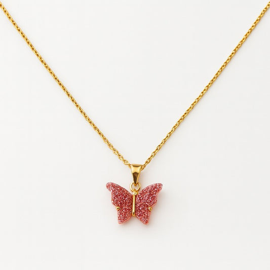 Elegant Pink Butterfly Pendant Necklace with Golden Chain