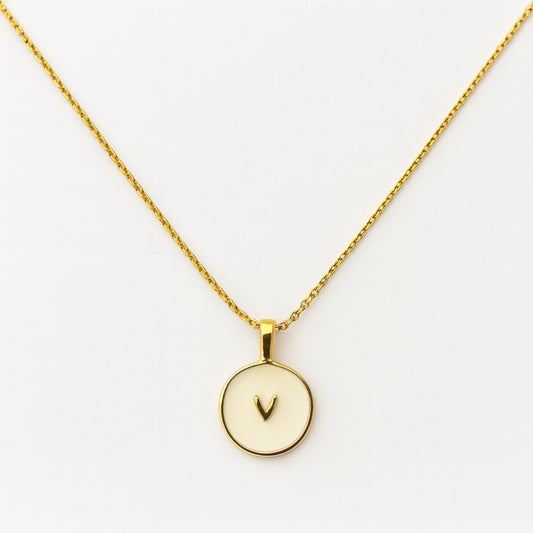 Elegant “V” Initial Round Pendant Necklace with Golden Chain