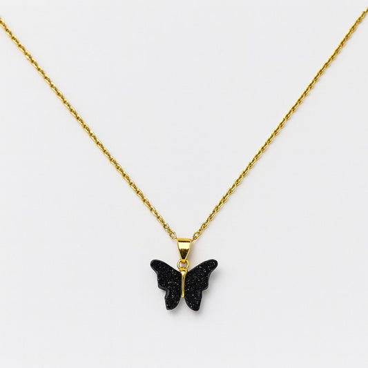 Elegant Black Butterfly Pendant Necklace with Golden Chain