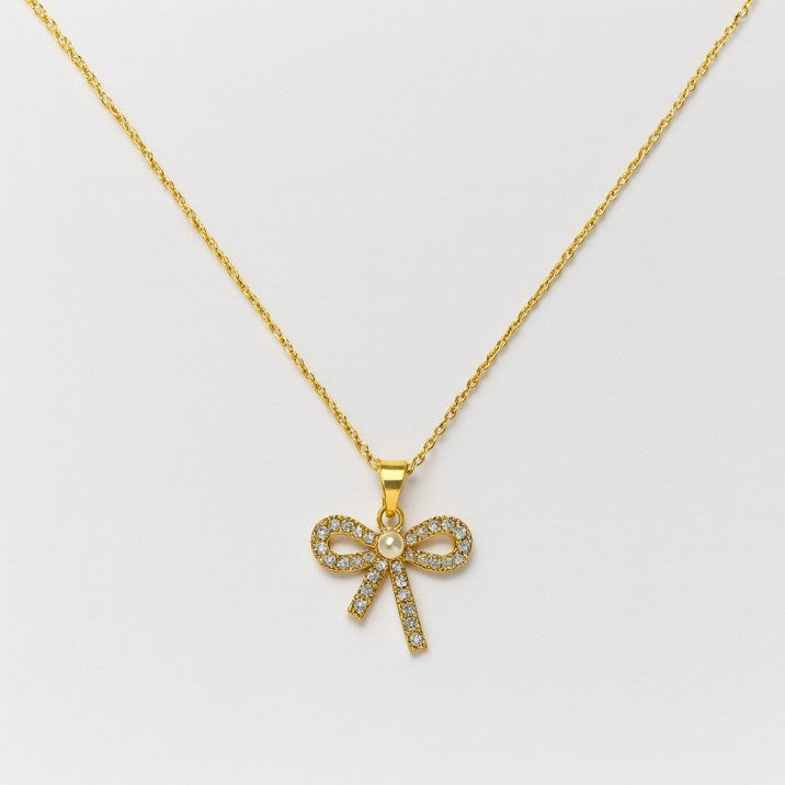 Elegant Bow Knot Gold Pendant Necklace with Sparkling Stones