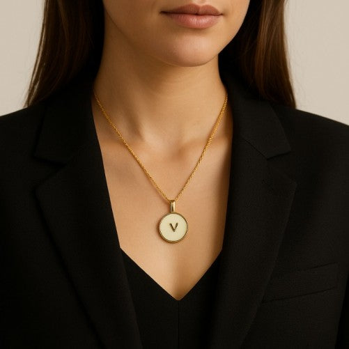 Elegant “V” Initial Round Pendant Necklace with Golden Chain