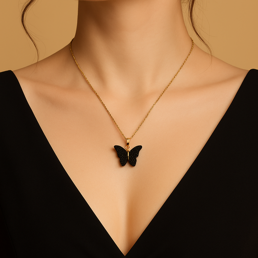 Elegant Black Butterfly Pendant Necklace with Golden Chain