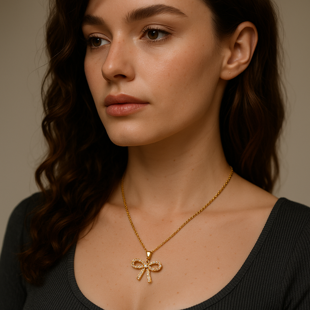 Elegant Bow Knot Gold Pendant Necklace with Sparkling Stones