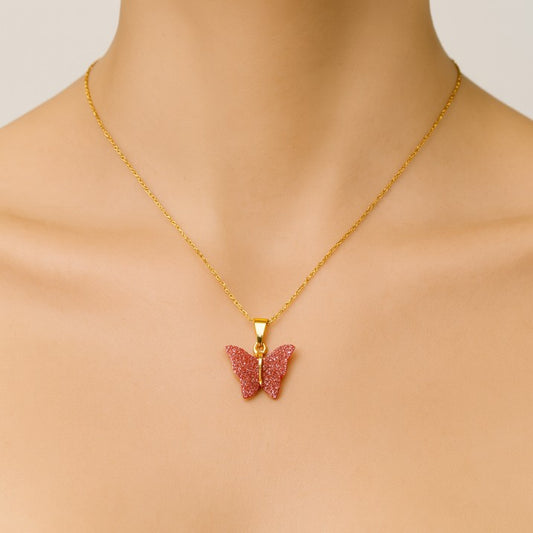 Elegant Pink Butterfly Pendant Necklace with Golden Chain