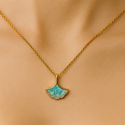 Elegant Aqua Fan-Shaped Pendant Necklace with Golden Chain