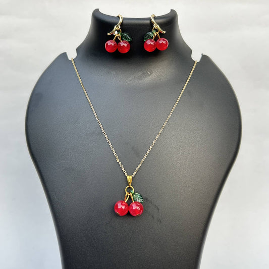 Cherry Charm Necklace & Earrings Set