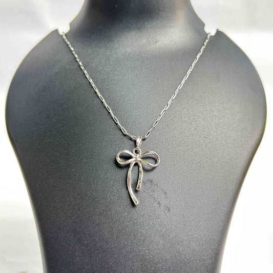 Silver Ribbon Bow Pendant Necklace