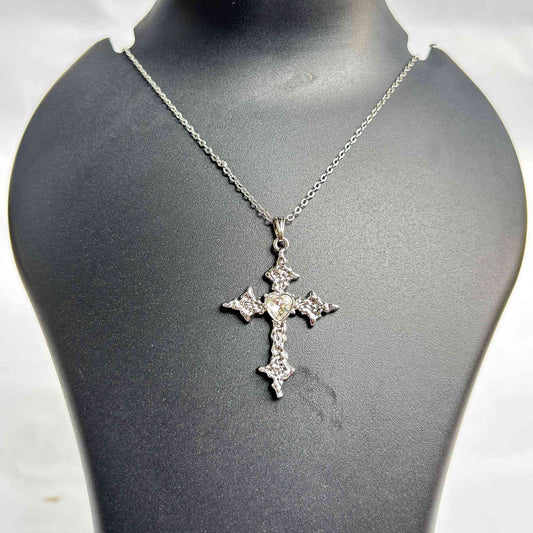 Silver Crystal Cross Heart Pendant Necklace