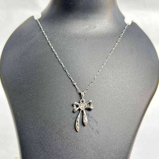 Silver Heart Bow Drop Pendant Necklace