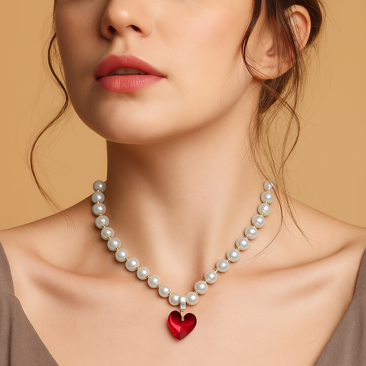 ❤️ Classic Pearls, Modern Love – Red Heart Charm Necklace